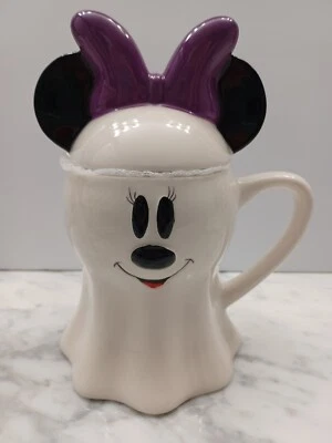 NUEVO Disney Halloween Fantasma Blanco Minnie Mouse con Arco Púrpura Taza Cerámica con Tapa Foto 1 de 4