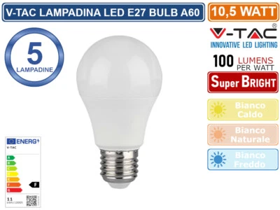 5 LAMPADINE LED V-TAC VT-2112 E27 BULBO A60 10,5W WATT LAMPADA 200° 1055 LUMEN - Immagine 1 di 2