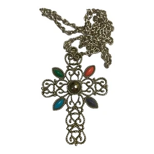 Necklace Vintage Avon Silver Tone Romanesque Multi-Color Stones Cross 24" (JB7) - Picture 1 of 7