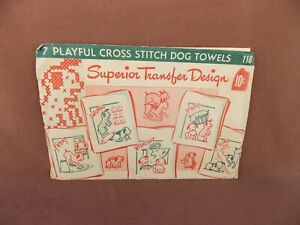 Vintage Playful Cross Stitch Dog Towels Iron on Transfers NIP E