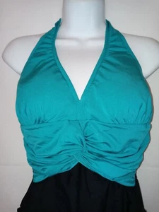 Vintage Carol Wior Swimsuit S Teal and Black Twist Bust Retro Halter Bathingsuit - Picture 1 of 6