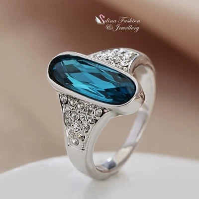 18K White Gold Filled Made With Swarovski Crystal Long Oval Cut Cocktail Ring Foto 1 de 4