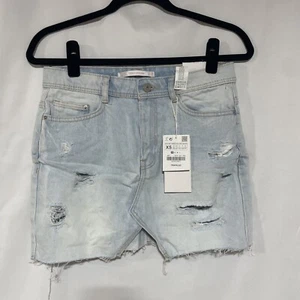 New Zara Trafaluc Denim Washed Distressed Light Blue Denim Jeans Mini Skirt XS - Picture 1 of 8