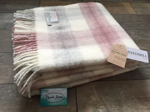TWEEDMILL TEXTILES PINK CREAM GREY MEADOW CHECK 100% PURE WOOL THROW BLANKET RUG - Picture 1 of 8