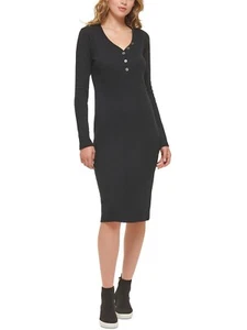 DKNY Jeans Womens Black Henley Neckline Long Sleeve Midi Dress XS NWT $99 - Picture 1 of 1