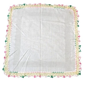 Crochet Border Handkerchief White Pink Green Trim Hanky Cottagecore Mid Century - Picture 1 of 8