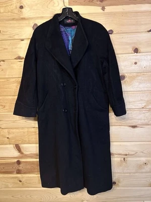 Casaco longo feminino vintage Alorna preto mistura de lã feito nos EUA estilo anos 80 GG - Imagem 1 de 4