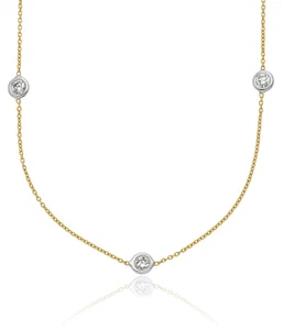 18K Solid Two Tone Gold Lab Diamond Stations Chain Necklace - Picture 1 of 20