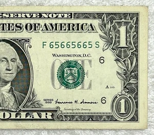 1999 Binary Fancy Serial $1 Bill Federal Reserve Note - 65665665 - Picture 1 of 3