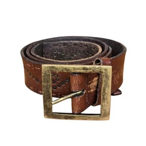 Vintage Basic Jeans Belt Womens Large Brown Genuine Leather Goldtone Studded - Picture 1 of 12