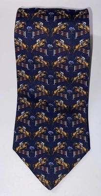 Corbata de diseñador Brooks Brothers Makers azul con patrón ecuestre marrón 100 % seda Foto 1 de 3