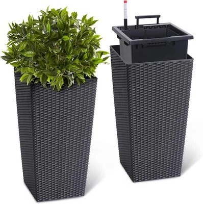 Large Rattan Style Self-Watering Planter with Wheels & Water Gauge 22.4 in Black - Image 1 of 4