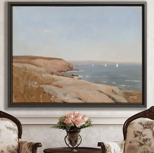 Coastal Seascape Canvas Print Ocean Oil Painting Wall Art Rustic Decor Framed - Picture 1 of 9