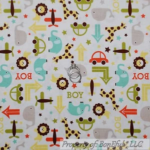 BonEful Fabric FQ Cotton Quilt White Gray Yellow VTG Airplane Whale Car Baby Boy - Picture 1 of 12