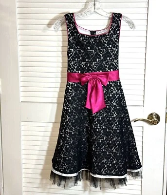 Emily West Girls Size 14.5 Black Lace Dress Hot Pink Satin Ribbon Tie Tulle EUC - Image 1 of 4