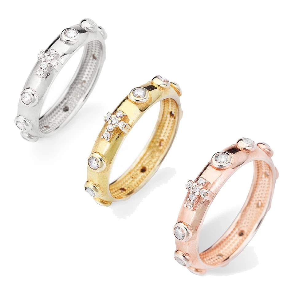 Anello rosario argento 925 dorato rosè bianco liscio pietre bianche preghiera - Immagine 1 di 1