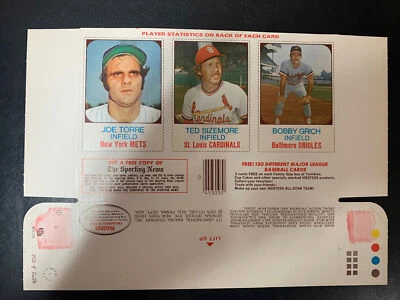 1975 Hostess Baseball Full Box Panel - BOBBY GRICH - TED SIZEMORE - JOE TORRE - Imagem 1 de 3
