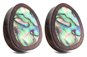 Zaya Body Jewelry Pair Abalone Shell Teardrop Organic Wood Plugs Ear Gauges 0g 0