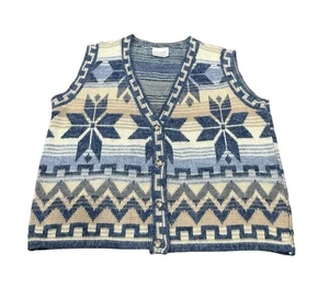 Vintage 80s Womens Knit Sweater Vest Snowflake Western USA Medium Blue Tan - Picture 1 of 6