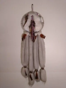 30"Vtg Native American Indian Dream Catcher Mandala Handmade Signed 30”x 14” Fur - Picture 1 of 19