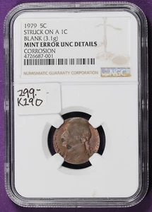 1979 Jefferson Nickel.  Mint Error-Struck on 1C Planchet.  In NGC Holder.  k290 - Picture 1 of 2
