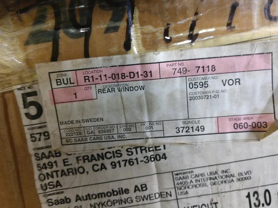 Cristal ventana trasera OE Saab 9000 7497118 se adapta a 1994 a 1997 4 puertas con maletero Foto 1 de 1