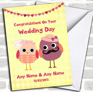Yellow & Coral Cute Owls Wedding Customised Card