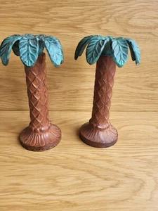 2x Vintage? Heavy Metal Cast Iron Palm Tree Candlestick Candle Holders - Picture 1 of 6