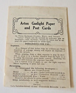 ARTOX GASLIGHT PAPER & POSTCARDS DIRECTIONS FOR USE PRICE LIST J W SMALL c1910 - Picture 1 of 4