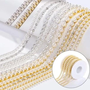 Imitation Pearl Chain Claw Crystal Rhinestone Bead Chains Glue On Clothes 1 Yard - Picture 1 of 30