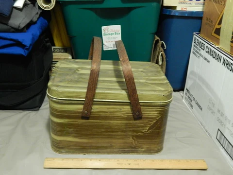 Vented Picnic Basket ~ Metal Box w/ Wood Handles ~ Faux Wood Grain ~ Vtg Storage Cover