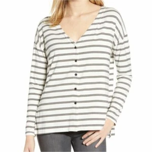 Nordstrom* Cupcakes & Cashmere Roxanna Stripe Top Ivory Black Button Up Size L - Bild 1 von 8