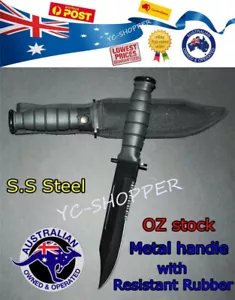 Hunting Knife - RAZOR SHARP BOWIE BLACK MILITARY SS Steel METAL Handle AU Stock - Picture 1 of 2