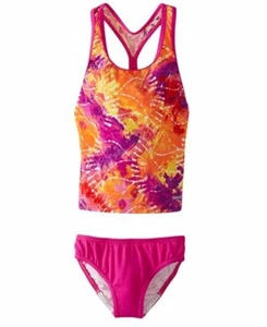 NEW GIRLS 5 SPEEDO 2 PIECE RACERBACK TANKINI SET SWIMSUIT SUIT ORANGE TIE DYE - Picture 1 of 2