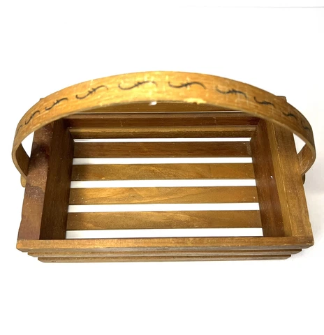 Vintage Handmade Wooden Slat Basket Floral Rustic Farmhouse Tote with Handle Cover