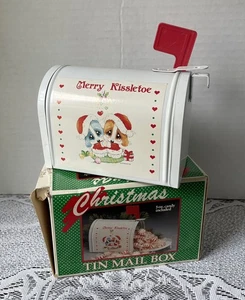 Vintage Christmas Puppy Dogs Tin Mailbox Canister Merry Kissletoe Box - Picture 1 of 13