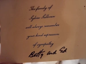 Ed SULLIVAN SIGNED W DAUGHTER BETTY THANK YOU FOR SYMPATHY RE WIFE SYLVIA DEATH - Picture 1 of 6