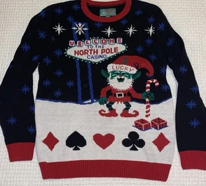 Men’s Ugly Christmas Sweater Large Gambling Casino Theme EUC Elf Fun - Picture 1 of 7