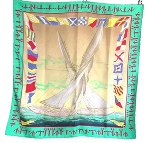 HERMES Scarf Carre 90 En Course Yacht Silk Green Tags No Box Used. - Picture 1 of 18