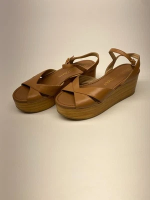 Stuart Weitzman Womens Carmen Tan Midi Wedge Strap Sandal Sz 8.5 - Image 1 of 4