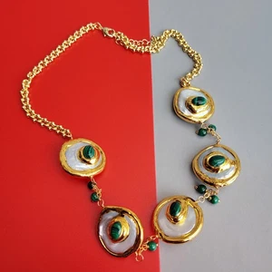Freshwater White Coin Pearl Real Green Malachite Chain Choker Necklace - Picture 1 of 7