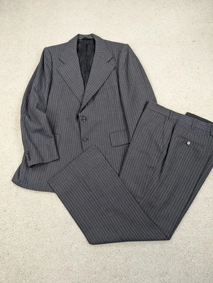 Traje Para Hombre 42R 38x29 Gris Rayas Lana Franela 2 Piezas Chaqueta Pantalones Hecho en Unión Foto 1 de 4