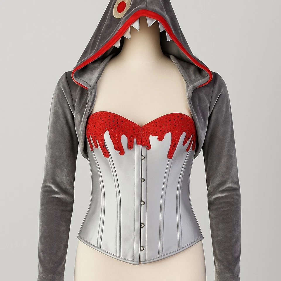 Sudadera con capucha de terciopelo gris aleta de tiburón personalizada bolero y corsé de diamantes de imitación rojo goteo de sangre M Foto 1 de 4
