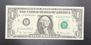 1977A $1 Federal Reserve Note – Fancy Serial E11111591F – UNC Crisp - Picture 1 of 2