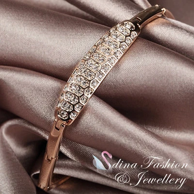 18K Rose Gold GF Made With SWAROVSKI Crystal Patterned Oval Linked Bar Bracelet - Image 1 of 4