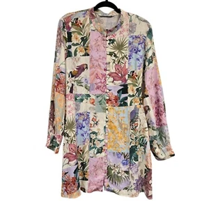 Zara Womens Linen Blend Tropical Floral Patchwork Dress XL Lightweight Long Slee - Picture 1 of 9