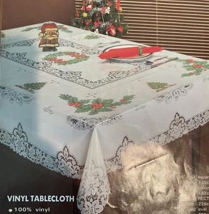 Vtg Vinyl Tablecloth Christmas 70” Round Holly Lace New In Pkg - Picture 1 of 5