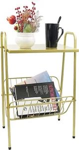 Jbikao Gold Side Accent Table with Magazine Storage Holder Small End Table NIB - Picture 1 of 5