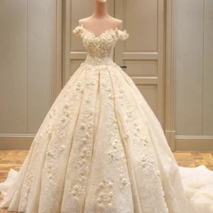 Champagne Off-Shoulder Floral Ball Gown Wedding Dress – Elegant Bridal Gown - Picture 1 of 8