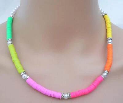Halskette Tonperle  Neon Gelb Grün Pink Orange weiß Strass 312d - Bild 1 von 4